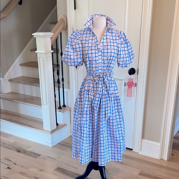 Avara Pinch Sommer Dress Midi Cherry Print Puff Sleeve Cotton New - Picture 4 of 14